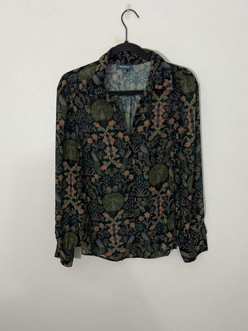 ModCloth Buzzworthy Peacock Floral Button Down Semi Sheer Blouse Size Small
